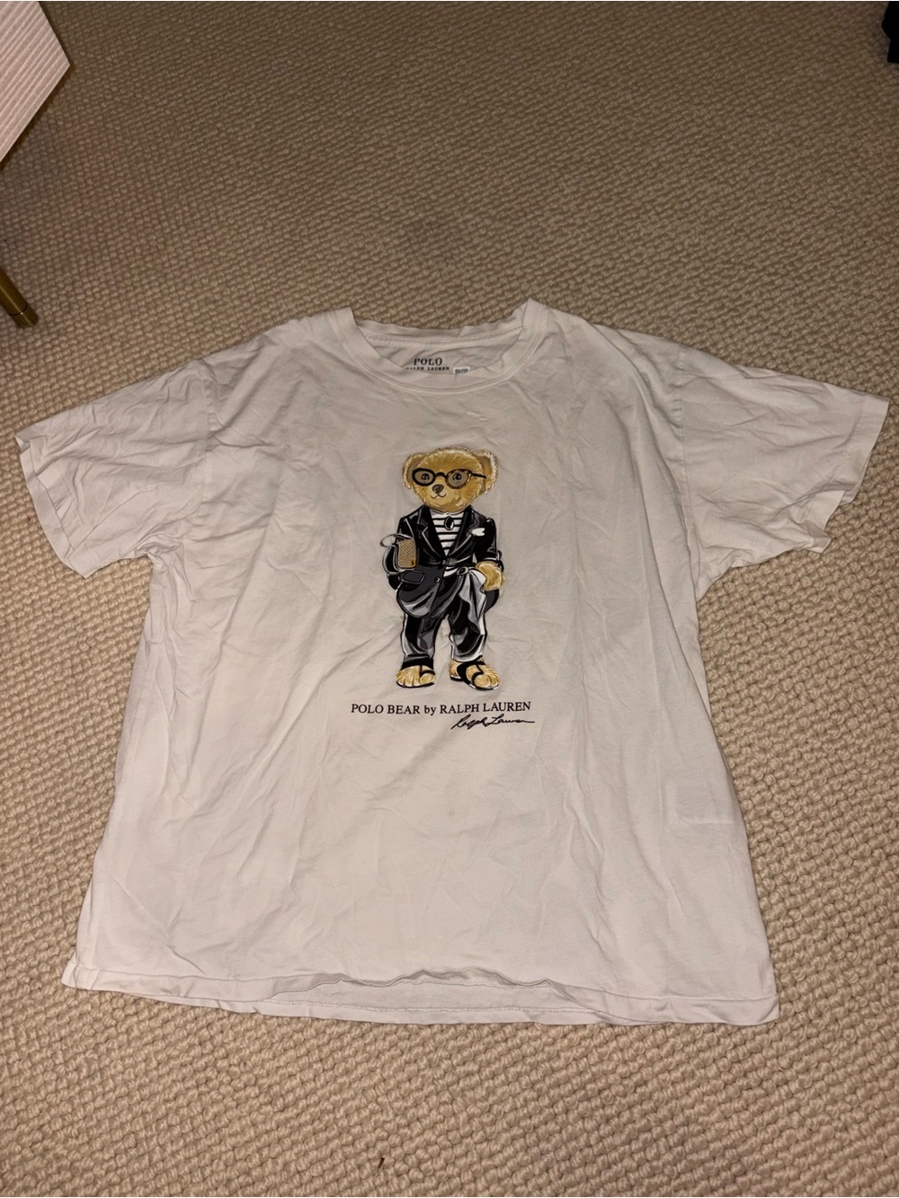 Ralph Lauren White Polo Bear Graphic Tee with Black & Gold Accents